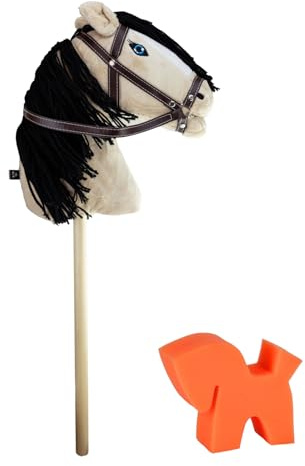 RL24 - Hobby Horse inkl. Putzschwamm – Steckenpferd mit Trense – Spielpferd aus Plüsch mit Holzstock & Langer Mähne – Stockpferd ohne Griffe & Rollen – Hobby Horse Pferde – Hellbraun