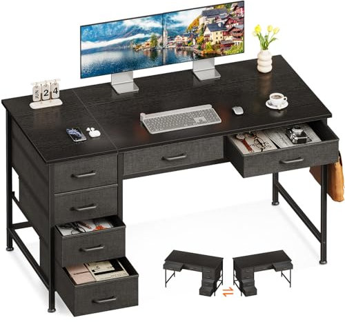 Coleshome Office Desk with 6 Drawers, 120cm Computer Desk with Storage for Home Office, Reversible Work Study Table with Headphone Hook for Bedroom, Black