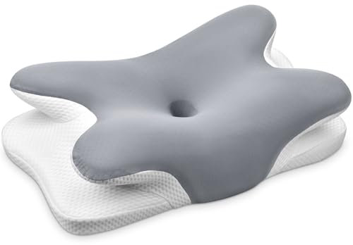 Ehomfory Oreiller Ergonomique Cervical, 2 en 1 Oreiller Memoire Forme pour la Nuque, Oreiller pour Dormir sur Le côté, Le Dos et Le Ventre, 62 x 41 x 9/12cm (Gris)