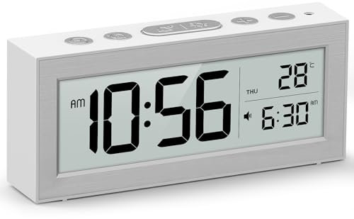Alarm Clock, Bedroom Alarm Clock with LCD Backlight Display, Temperature, Calendar Display, Snooze Alarm, Low Battery Display, Powered by 3 AAA Batteries【Batteries Not Included】-White