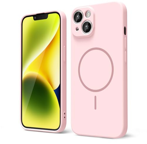 oakxco for iPhone 13 iPhone 14 Case Silicone Mag Safe, Magnetic Slim Thin Phone Case Compatible with Magsafe, Women Girls Cute Girly Aesthetic Soft Rubber Gel Safecase with Camera Cover, Light Pink