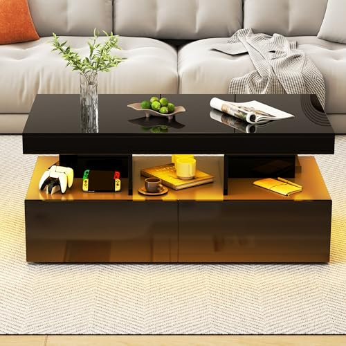 CXHLXYR Glänzender Couchtisch mit LED, rechteckiger Wohnzimmertisch mit 2 Schubladen, Couchtisch aus Holz mit offener Aufbewahrung, moderne Wohnzimmertische (schwarz)