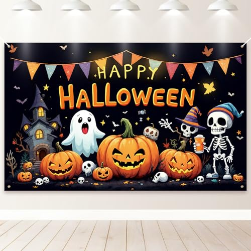 PartyYaa Halloween Banner Deko, Halloween Party Verzierung, Extra Großer Hintergrund für Fotoautomaten, Kürbis und Geister Hintergrund Banner für Drinnen und Draußen (Schwarz)