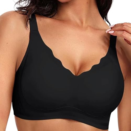 Ohne Bügel BH Damen Push Up Seamless BH Comfort Soft Minimizer Bra Klassische Sport Bustier Mit Weicher Stütze, V-Ausschnitt, Gewellte, Nahtloser Bügelloser Tshirt Schlaf BHS Unterwäsche, Schwarz M