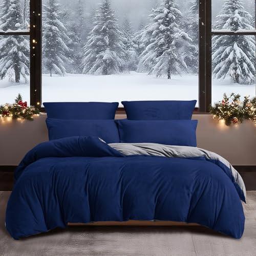 YASMENG Winter Bettwäsche 135x200 Dunkelblau Grau Warm Kuschelig Flauschige Bettwäsche Winter Weich Samt Plüsch Fleece Flanell Wendebettwäsche 2 Teilig mit Reißverschluss und 80x80 cm Kissenbezug