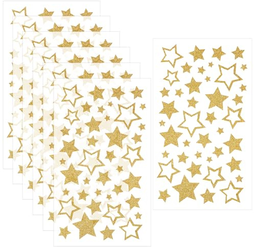 WJIAAA 6 Blatt Sterne Aufkleber, Glitzer Stern 252 Stück | Aufkleber Selbstklebend, Basteln DIY Weihnachten Deko Weihnachtskarten Geschenk Bastelarbeiten(Gold)