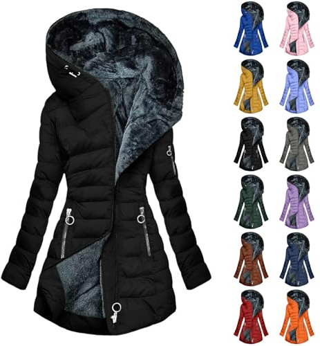 YBEBEWE Womens Coats Ladies Fleece Lined Jackets Longline Warm Coat Waterproof Coats Padded Quilted Down Jacket Long Sleeve Hooded Outwear Parka Autumn Winter