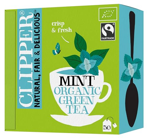 Clipper Organic Green Tea & Mint Envelop String & Tag 1 x 50 Teabags | Organic Fairtrade Pure Green Tea with Mint, Antioxidant-Rich, Unbleached & Biodegradable Envelop String & Tag Teabags