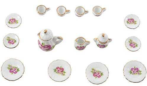Damavat 15 pieces Porcelain tea set Dollhouse miniature foods Chinese rose dishes cup