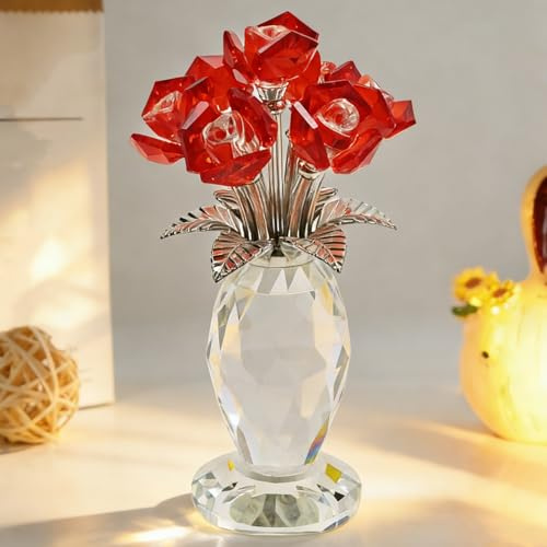 MospdyGear Bouquet de roses rouges en cristal, décoration florale élégante pour la maison, cadeau romantique pour amies et épouses