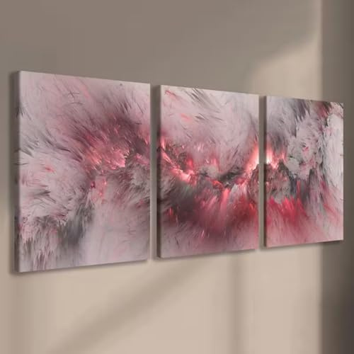 Lot de 3 posters - Tableaux d'art modernes sur toile avec coups de pinceau fluides en rose, gris et rouge - Triptyque d'art moderne pour salon, couloir et chambre à coucher (50 x 70 cm)