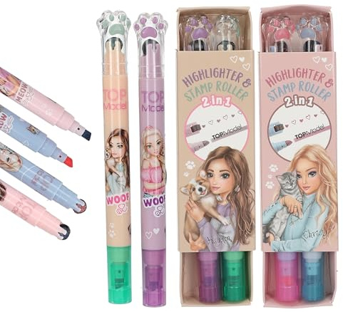 Depesche TOPModel Textmarker & Stempelroller Set | 2-in-1 Highlighter mit Motivstempel | doppelseitig mit Neonmarker | kreatives Schreibzubehör für Schule & Tagebuch
