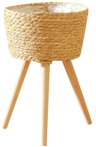 NULYLU Cesta Tejida para Macetas Soporte de Madera y Patas, Estante para Plantas de Interior, Adecuado para Decoración de Balcones y Espacios Interiores