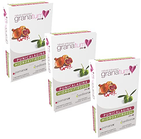 Granatum Plus - Punicalagina e Hidroxitirosol - Extracto de Granada y Oliva Extra Virgen - Antioxidante y Antiinflamatorio - Cuidado de la Piel - Producido en España - 3 Cajas 60 Cápsulas