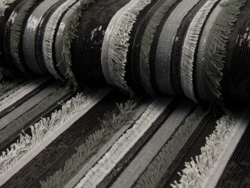 Minerva Pailletten-Stoff mit Fransen, Schwarz, Meterware