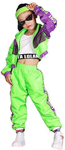 LOLANTA 3-teiliges Hip-Hop-Outfit für Mädchen, 80er-Jahre-Retro-Trainingsanzug mit Farbblockdesign, bauchfreies Tanktop, Reißverschlussjacke, Jogginghose, Grün, 11-12 Jahre, 160