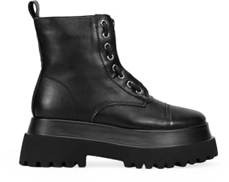 BOSANOVA Botas Militares de caña Baja con Cremallera Central, Detalle de Cordones y Suela Track de 6,5 cm. Cierre con Cremallera. Calzado para Mujer Negro 39