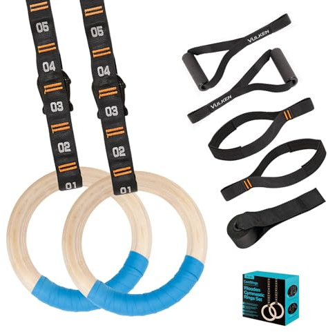 Vulken 32mm Wooden Gymnastic Rings with Adjustable Numbered Straps. Olympic Rings for Core Workout and Bodyweight Training. Home Gym Rings with Workout Handles. Blue