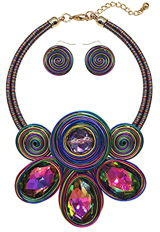 JHWZAIY Collier plastron africain pour femme - Style tribal - Boucles d'oreilles fantaisie - Unique coloré - Gros strass - Collier ras du cou - Fait main, in, Alliage de haute qualité, strass, cordon