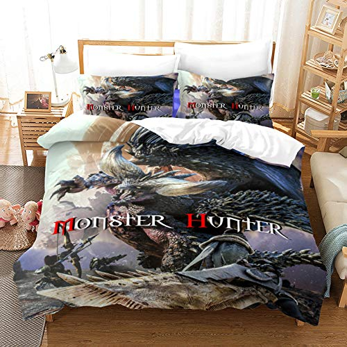 NICHIYOBI Monster Hunter Bettbezug Bettwäsche Set - Bettbezug und Kissenbezug,Mikrofaser,3D Digital Print dreiteiliger Bettwäsche (1,Single 135x200cm)