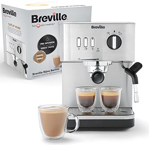 Breville Bijou Barista Siebträgermaschine | automatischer und manueller Vollautomat| Espressomaschine/Kaffeemaschine für Cappuccino & Milchkaffee | Pumpe mit 15 Bar | Dampfdüse | Silber [VCF149X]
