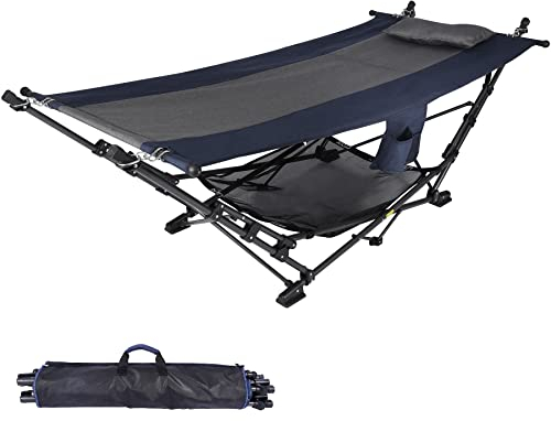 Lineslife Hamaca portátil con soporte, hamaca plegable que incluye almohada extraíble, red de almacenamiento, bolsillo lateral con portavasos para camping, playa, patio, viajes, azul y gris