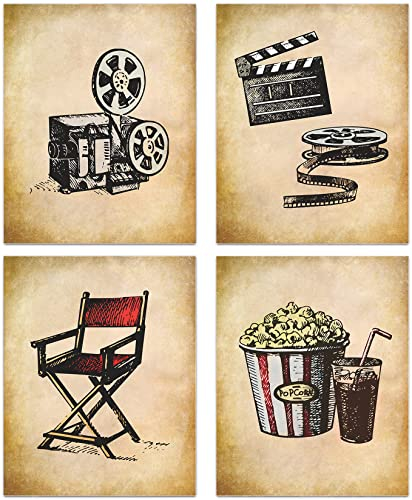 Vintage Movie Theater Wandkunst, Heimkino Feature Leinwand Dekor, klassische Filmrolle Kino Popcorn Poster, 4er-Set (20.3x25.4 cm, ungerahmt)