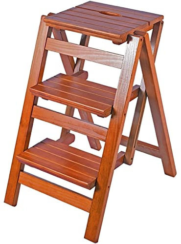 GAXQFEI Scala per la Casa 2/3 Gradini - Scala per Cucina Pieghevole - Legno Massello - Antiscivolo/Noce Chiaro/Tre Piani