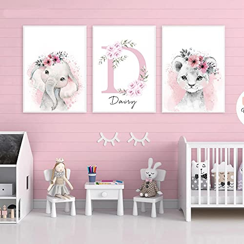 Youihom 3 Poster Namen Personalisiert Jungen Mädchen a3 Bilder Waldtiere Elefant Löwe Blumen Rosa Wanddekoration Baby Kinder Schlafzimmer Spielzimmer Geschenk 30 x 40 cm ohne Rahmen