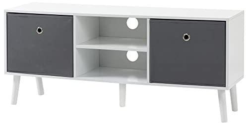 HOMCOM Mueble Auxiliar de TV para Televisores de hasta 50 Pulgadas Mesa para TV de Salón Moderna con 2 Cajones de Tela y 2 Estantes Abiertos 110x29x46,5 cm Blanco y Gris