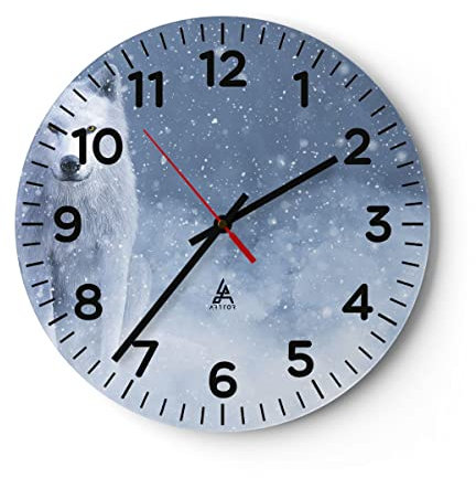 Modern Wanduhr Weiß Wolf Schnee 30x30cm Rund Klein Wand Uhr Glas Analog Zimmeruhren Küche Büro Wohnzimmer Glasuhr Wall Clock Dekoration Design Wanddekoration Küchenuhr C4AR30x30-5006