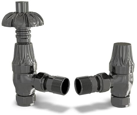 UK Radiators Black Nickel Thermostatic Radiator Valve and Angled Lockshield Valve - Polished Black Nickel Finish - Traditional Design 1/2 x 15mm Metal Head Radiator Valve