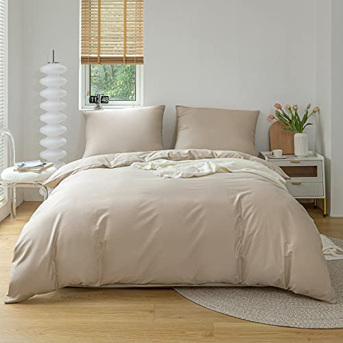 Oushebck Bettwäsche 200x200 Baumwolle Beige - 3teilig Bettwäsche Set Superweich Atmungsaktiv aus 100% Baumwolle 1X Bettbezug 200x200cm + 2X Kissenbezug 80x80cm mit Reißverschluss - Beige