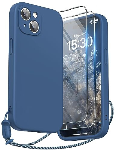 SURPHY Design for iPhone 15 Case, Liquid Silicone Protection for Each Lens [2 x Screen Protectors & 1 x Lanyard] Shockproof Cover for iPhone 15 6.1 inch 2023, Blue Jay