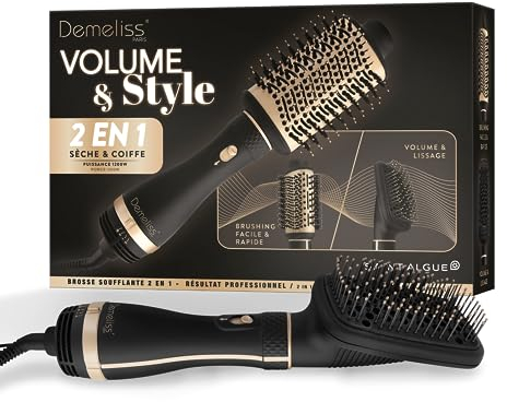 Demeliss SAINT ALGUE - Moldeador 2 en 1 VOLUME & STYLE - Seca y Peina, Todo Tipo de Cabello - 2 Cabezales Intercambiables - Recubrimiento Cerámico y Turmalina - 3 Temperaturas