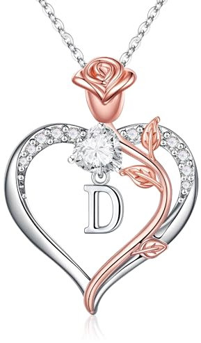 TINGN Rose Heart Initial Necklaces for Women, Letter D Pendant Rose Love Heart Necklaces for Teen Girls Jewelry Birthday Anniversary Romantic Gifts for Her Women Girlfriend Daughter