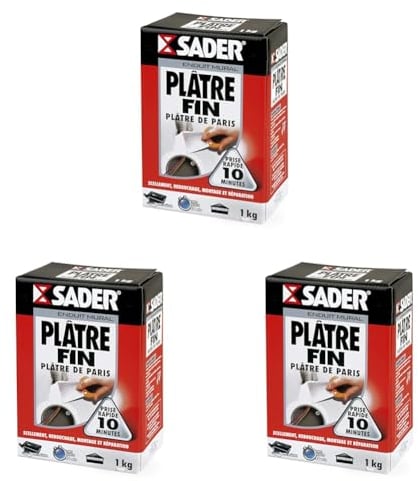 Sader - Plâtre Fin de Paris - Scellement, Rebouchage, Montage et Réparation - Tous Supports - Intérieur - Prise Rapide 10 Minutes - 1 Boîte Carton 1 kg (Lot de 3)