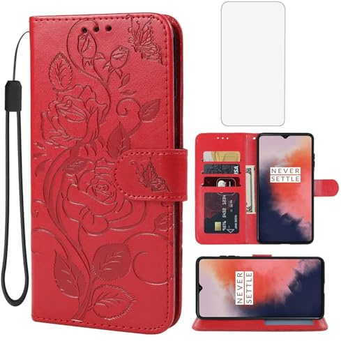Yerebel Handyhülle für OnePlus 7T/HD1907 Hülle mit Folie Schutzfolie, PU Lederhülle Geldbörse Ständer Schutzhülle Klapphülle Kartenfach für OnePlus 7T Rot