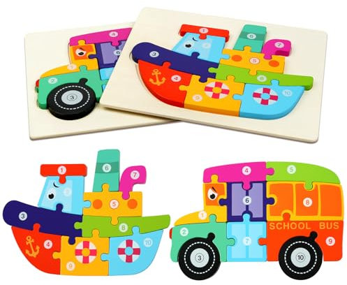 HOTUT Holzpuzzle Spielzeug, 2 Stück Montessori Spielzeug Puzzle, Holzpuzzle ab 1 2 3 Jahren, 3D Kreativ Lernspielzeug für Kinder, Lernendes pädagogisches Baby Puzzle, Geschenk für Jungen Mädchen