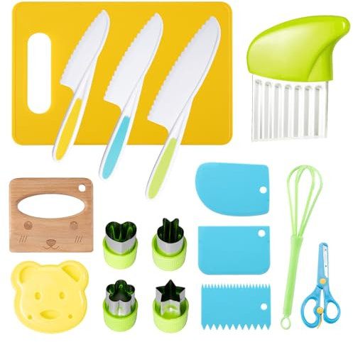 Juego de Cuchillos de Cocina Infantiles de 16 Piezas Para Cortar y Cocinar Frutas o Verduras Para Niños Pequeños Incluye Cuchillo de Madera y Taco Para Picar