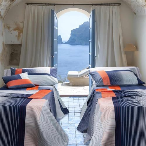 Parure Letto Lenzuola + Fodera Cuscino Arredo, 100% percalle di Cotone, Estivo, La Casa al Mare di Paola Marella, lenzuolo sopra + Federe + Cuscino Arredo (Positano, Piazza e Mezza)