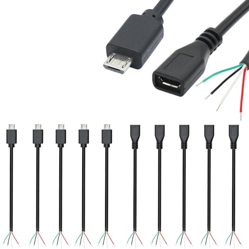 VISSQH 10 Pièces(5 Paires) micro USB mâle femelle à fil nu à 4 broches,28AWG 2A rallonge de câble,prise USB soudable,pour les bricoleurs(30cm)