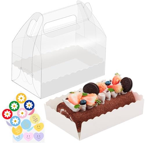 PHULWEL 12 cajas de regalo transparentes para magdalenas, con bandeja de papel y asa, para galletas, cumpleaños, vacaciones, Navidad, día de San Valentín, baby shower, 16,2 cm x 9 cm x 8,2 cm