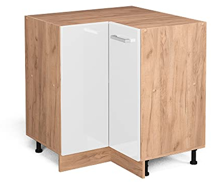 Vicco Eckunterschrank R-Line, Weiß Hochglanz/Goldkraft Eiche, 75.6 cm, AP Eiche