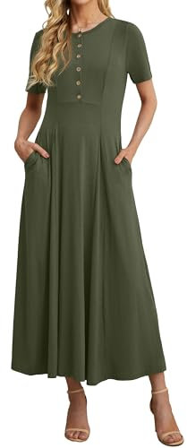 GRECERELLE Summer Maxi Dress with Pockets Ladies Casual T Shirt Jersey Dress for Women UK with Button Round Neck and Short Sleeve (Army Green, L)