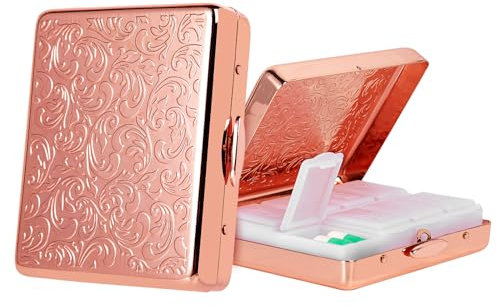 Tablettenbox 7 Tage 8 Fächer, Reise Metall Pillenbox.BPA-freier Tragbarer Pillenbox für Medikamenten (Rosa, Mittel)