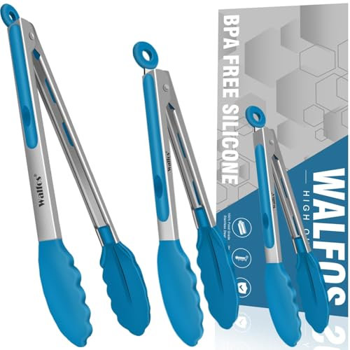 Walfos® Edelstahl Küchenzange mit Hitzebeständigem Silikongriff, Ideal für Grillen Set of 3 Blau (18, 23, 30.5CM), Ideal für Familien- und Profiküche