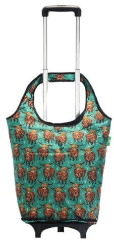 Eco Chic Lightweight Collapsible Shopping Trolley with Detachable Grocery Tote Bag (Highland Cow Teal)