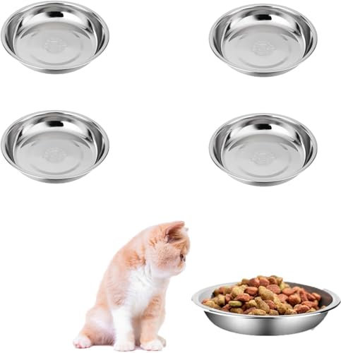 4PCS Cat Bowls Whisker Friendly, Shallow Wide Flat Cat Food Bowls 304 Stainless Steel,Metal Cat Dishes Whisker Fatigue Relief,5.5inch Basic Cat Plates for Elevated Stand,Dishwasher Safe