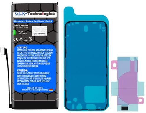High Power Ersatzakku kompatibel mit iPhone 13 Mini A2481 A2626 A2628 A2629 A2630 | GLK-Technologies Battery | accu | 2650 mAh Akku | inkl. 2X Klebebandsätze